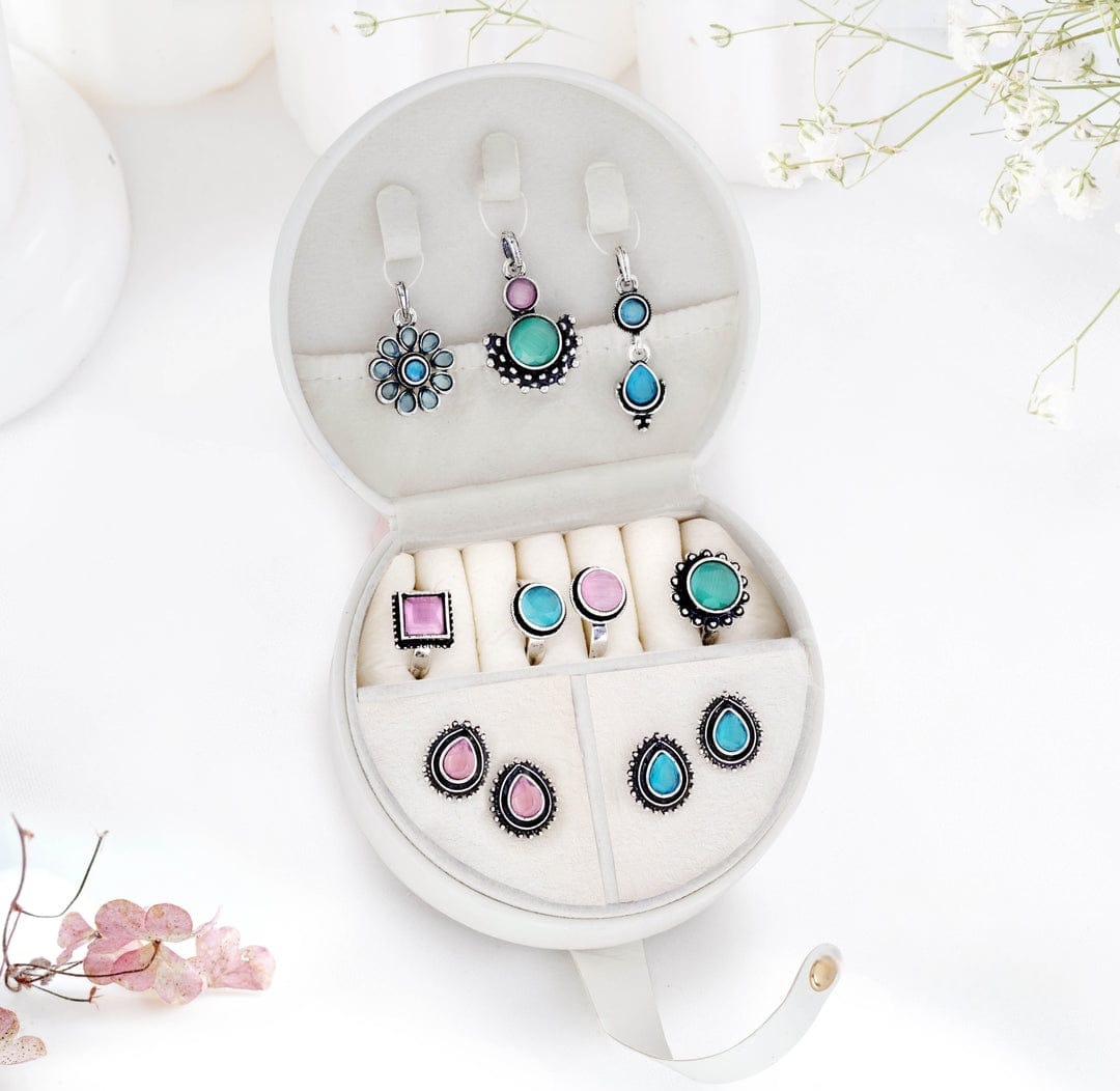 Oxidized Jewelry Set with Signature White Purse - Rings, Earrings & Pendants