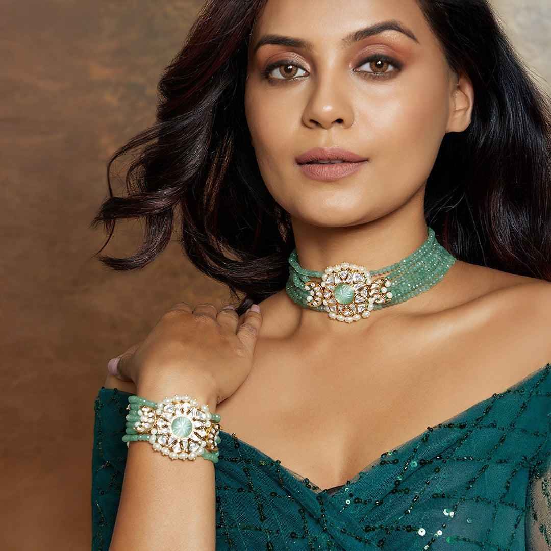 Gold Tone Green Polki Bracelet