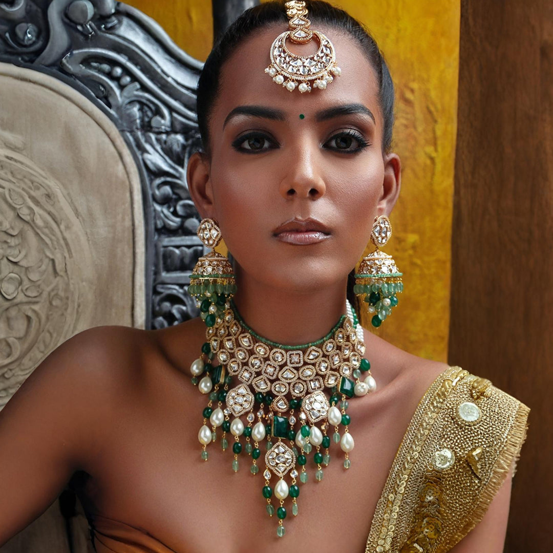 Bridal Necklace Set With Jades & Pearl Drops