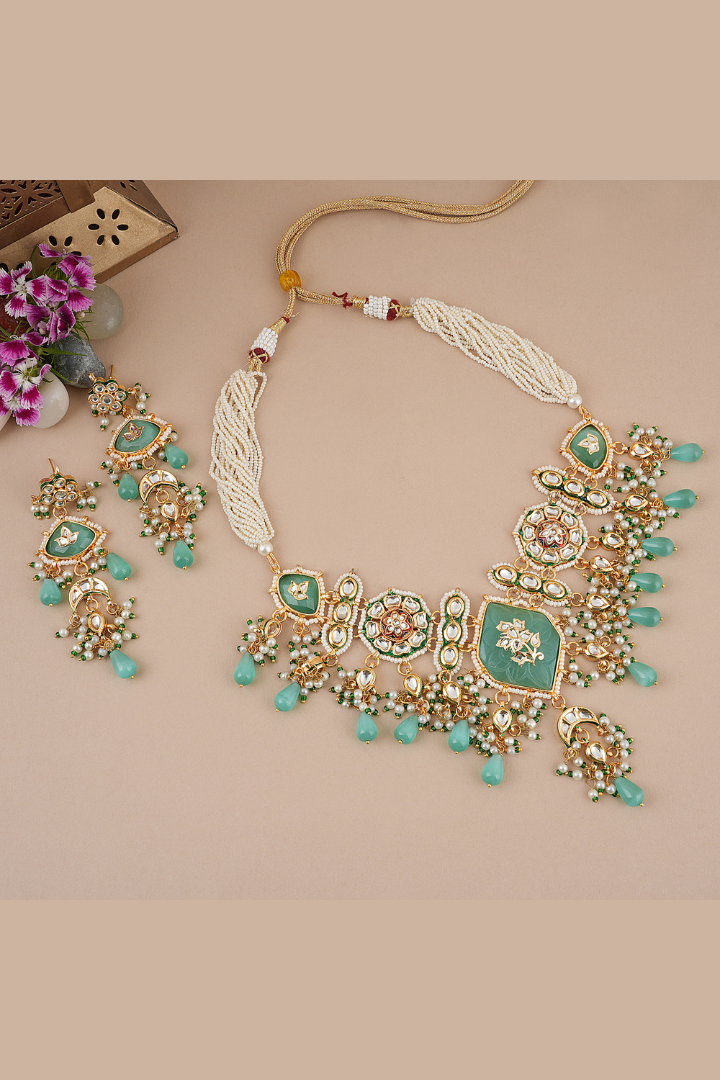 Gold Plated Kundan Studded Green Choker Necklace Set With Earrings