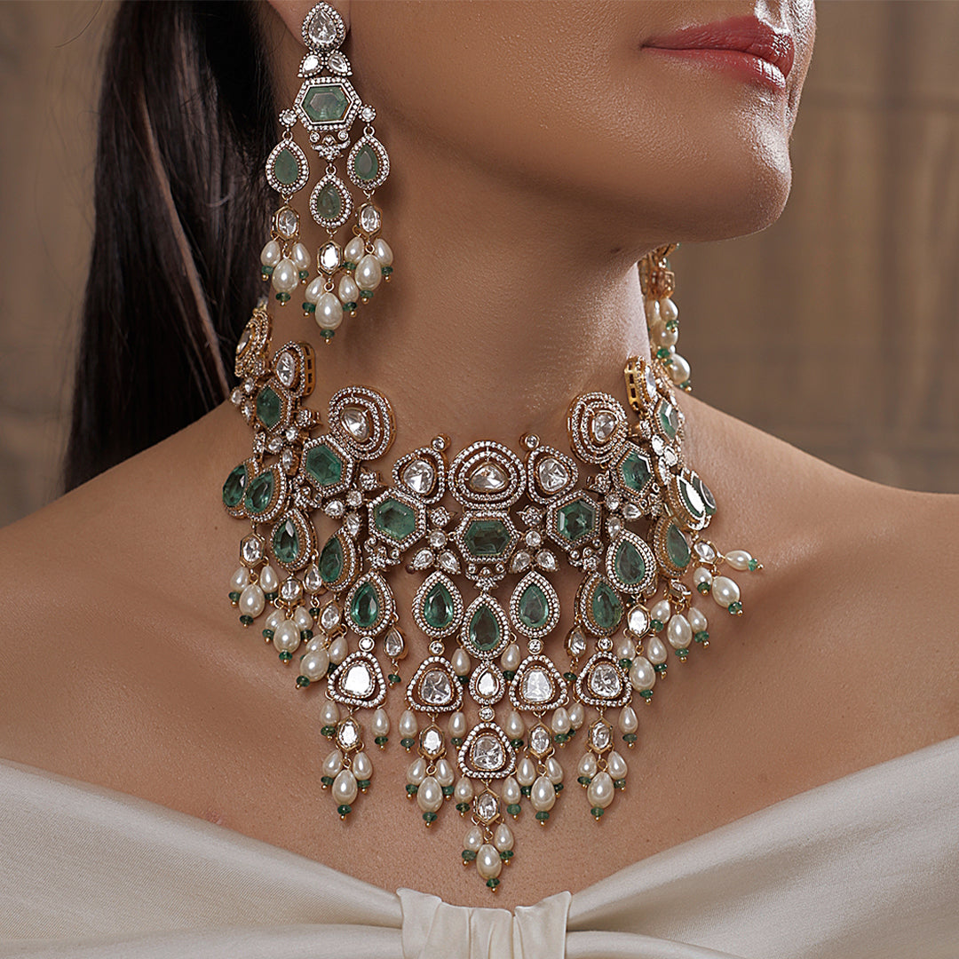 Regal Polki Pearl Green Bridal Set