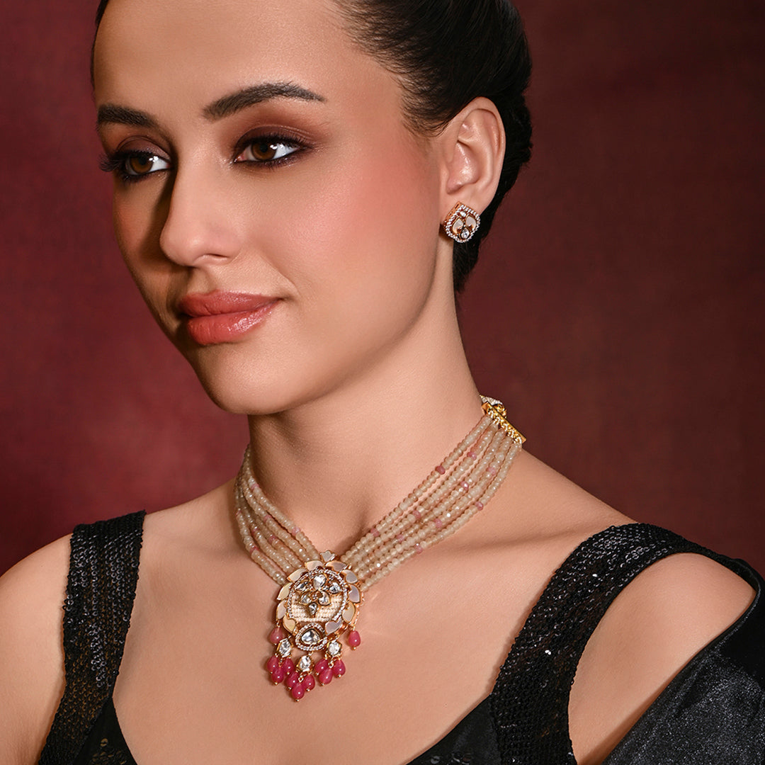 Dazzling Pink Necklace With Earrings