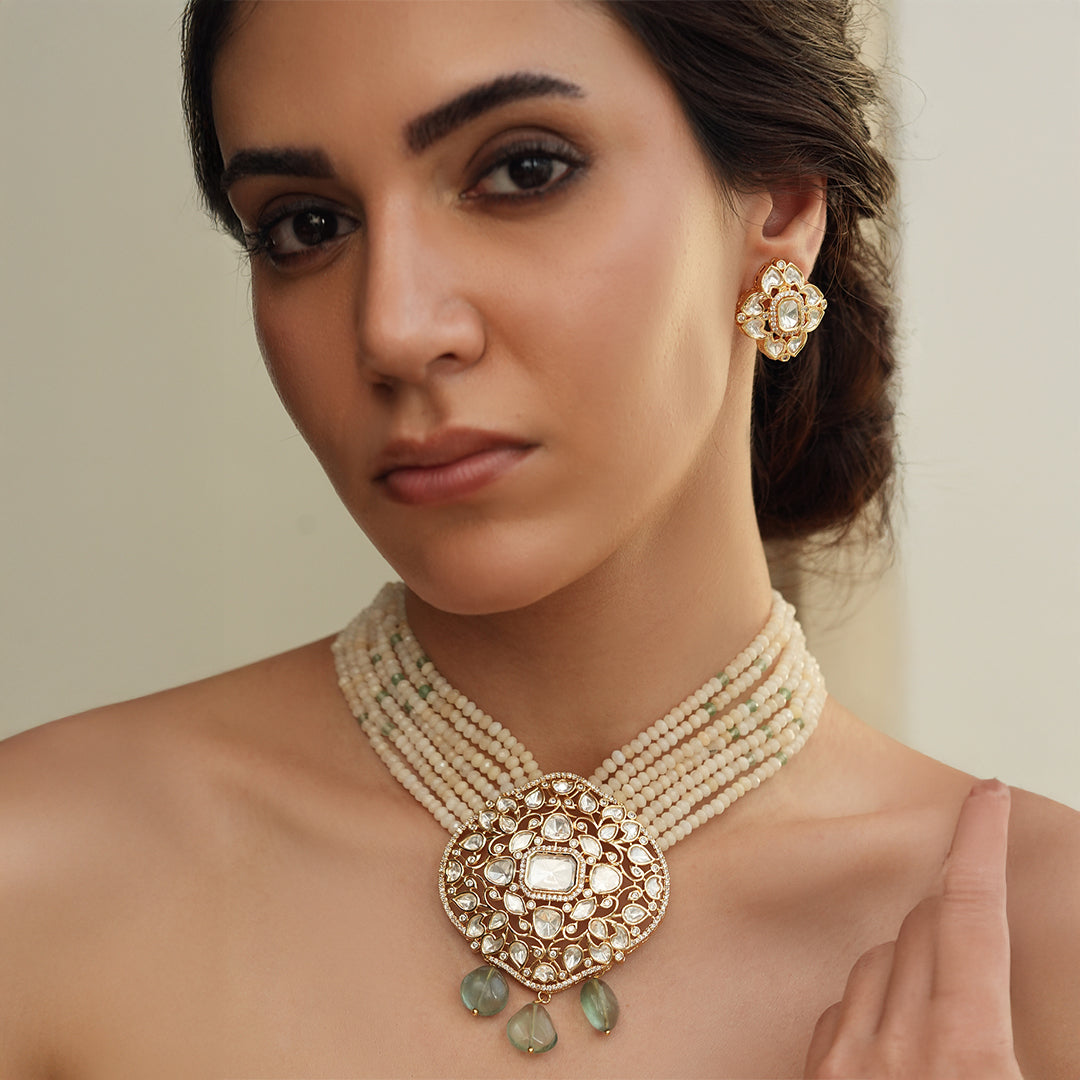 Cream Polki Bead Necklace Set